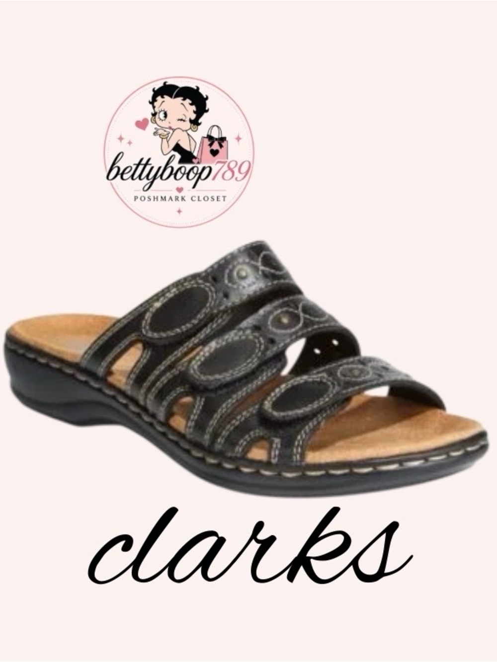 Clarks Black Multi-Strap Leather Slide Sandal